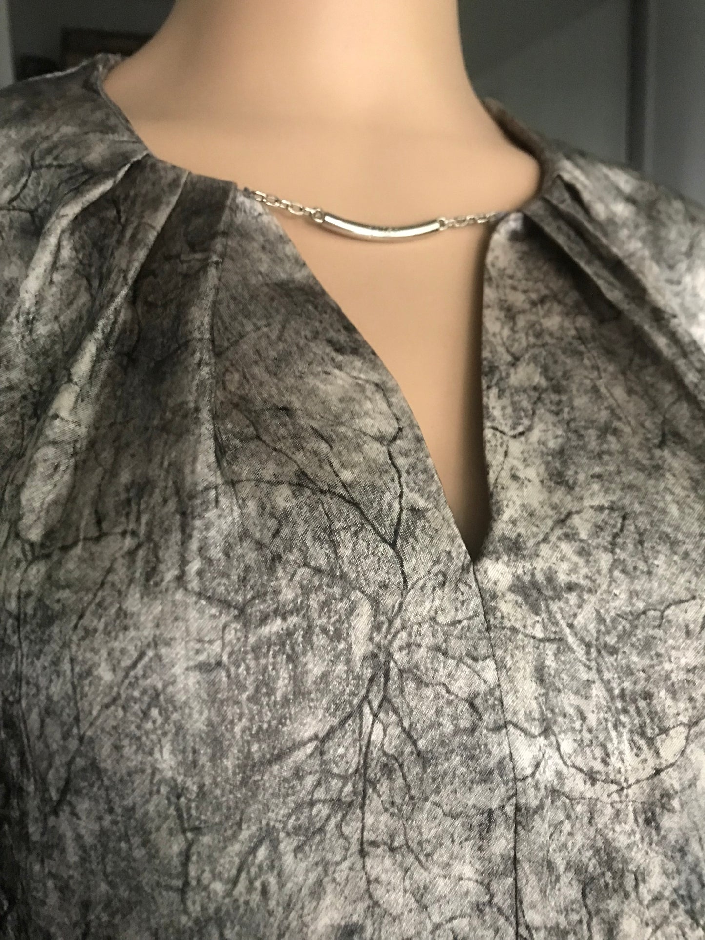 Acetate Grey V-Neck Midi Dress | 3/4 Sleeves, Loose Fit