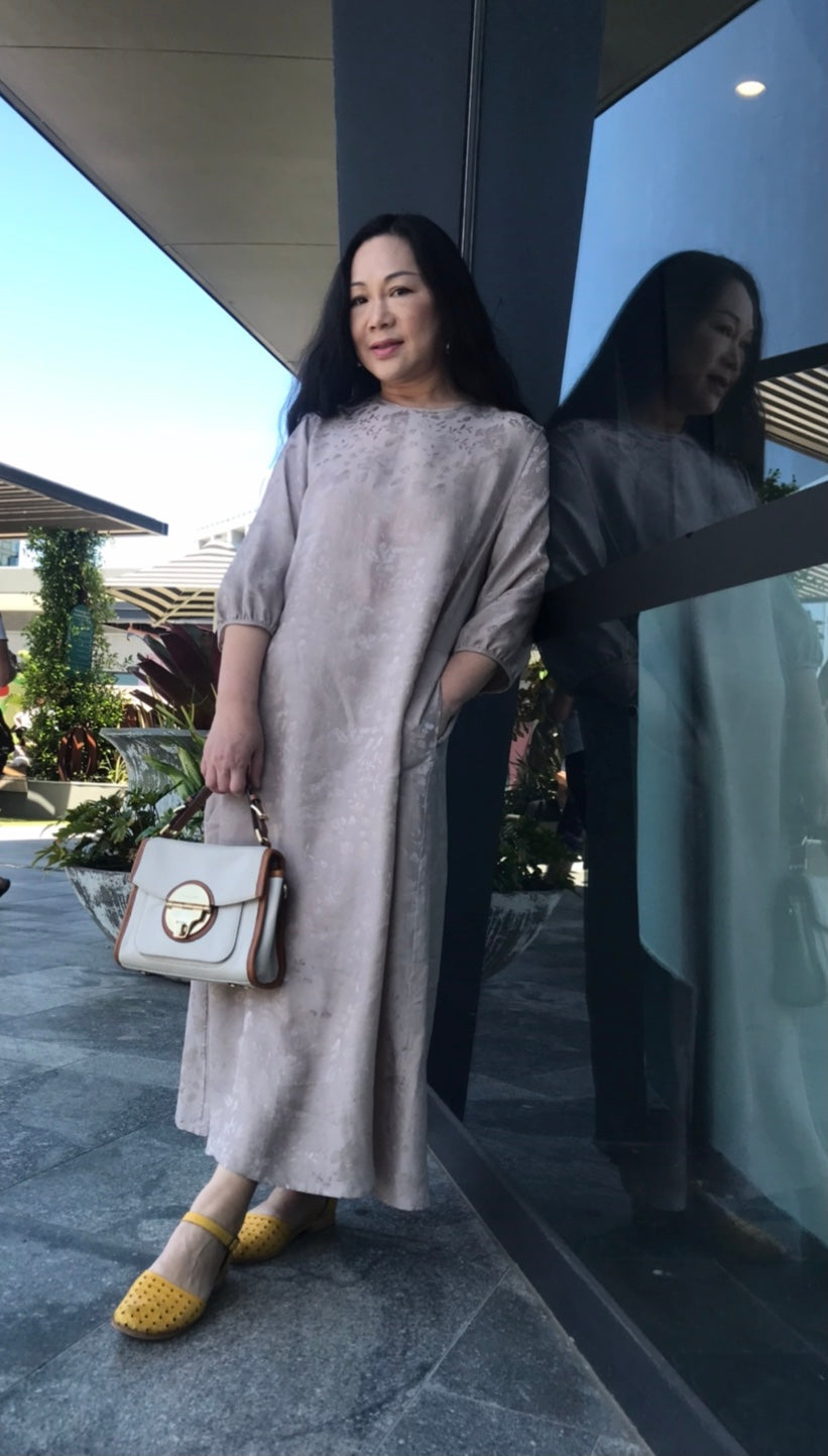 Floral and goldfish Jacquard 100% Silk Dress| 3/4 sleeves maxi dress