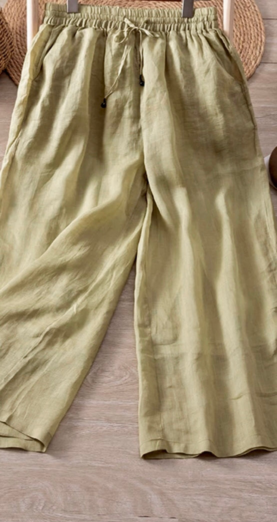 Ramie Full-Length Pants | Loose Fit with Elastic Waist