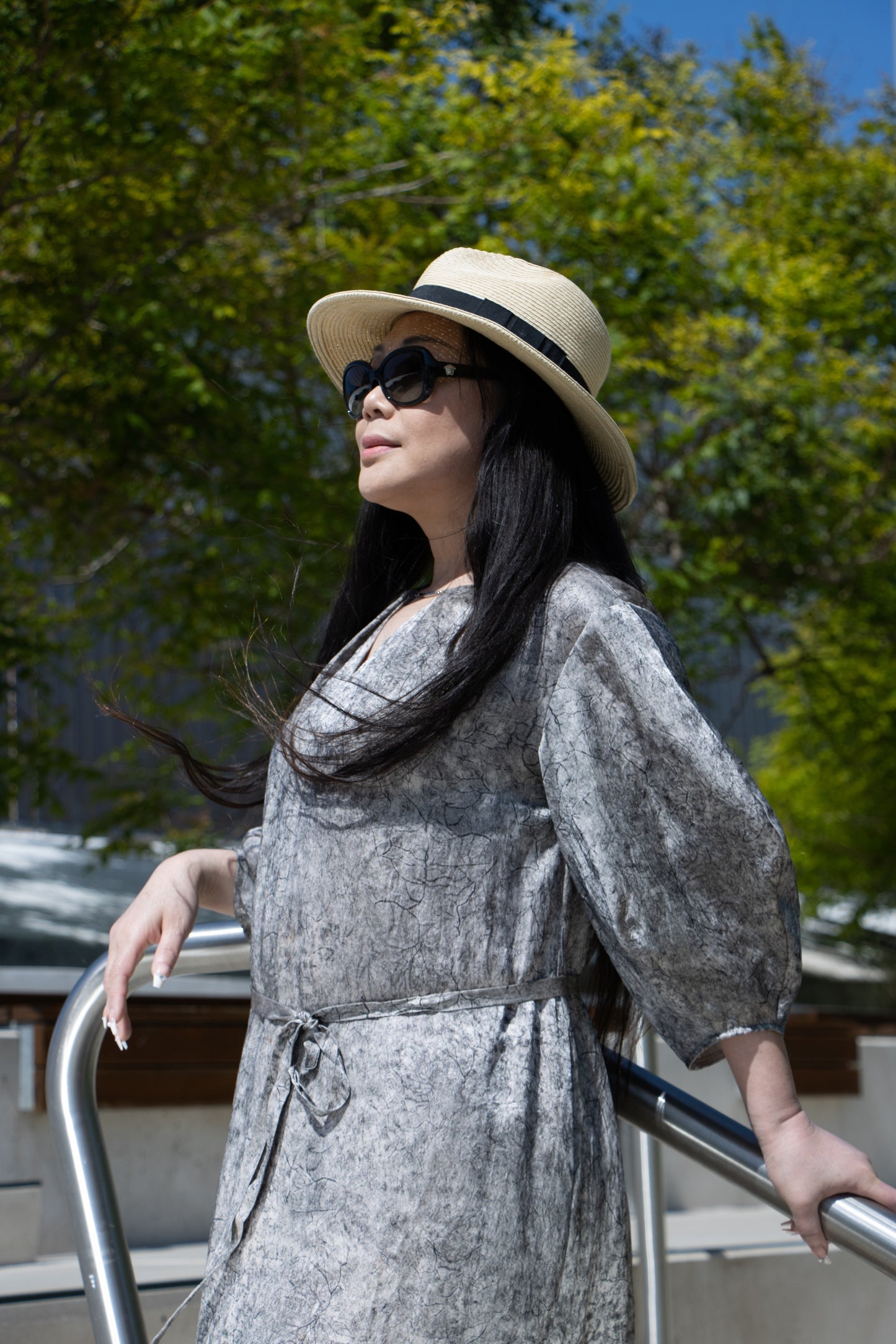 Acetate Grey V-Neck Midi Dress | 3/4 Sleeves, Loose Fit