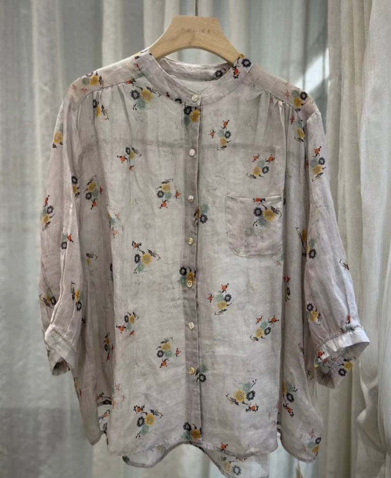 Ramie Floral Blouse | Stand Collar Lightweight, 3/4 Sleeves & Relaxed Fit