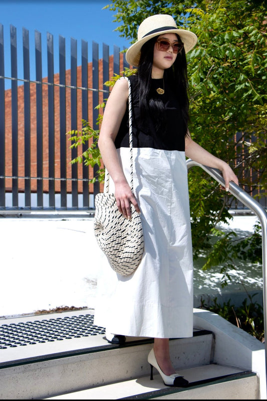 Comfortable Black & White Maxi Dress | Sleeveless, Relaxed Fit, Round Neck