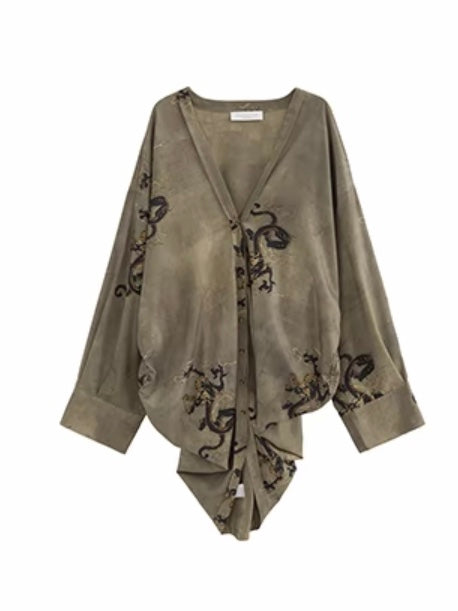 Dragon printed olive green feminine pull-on jacket