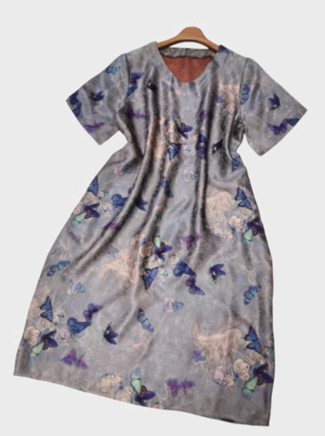 Relaxed Fit Butterfly Print Silk Midi Dress | Short Sleeve Style