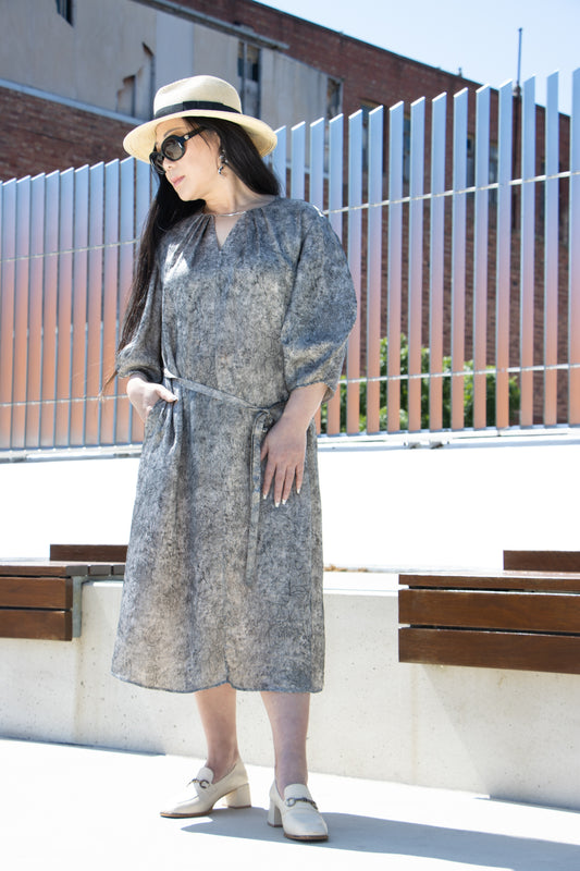 Acetate Grey V-Neck Midi Dress | 3/4 Sleeves, Loose Fit