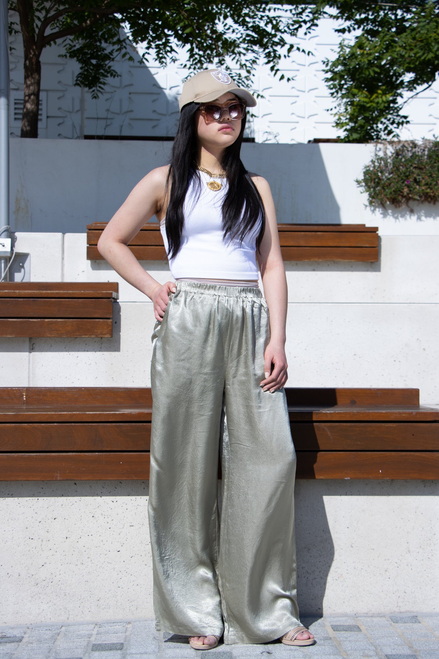 Sage Wide-Leg Satin Pants | Lightweight Rayon, Elastic Waistband