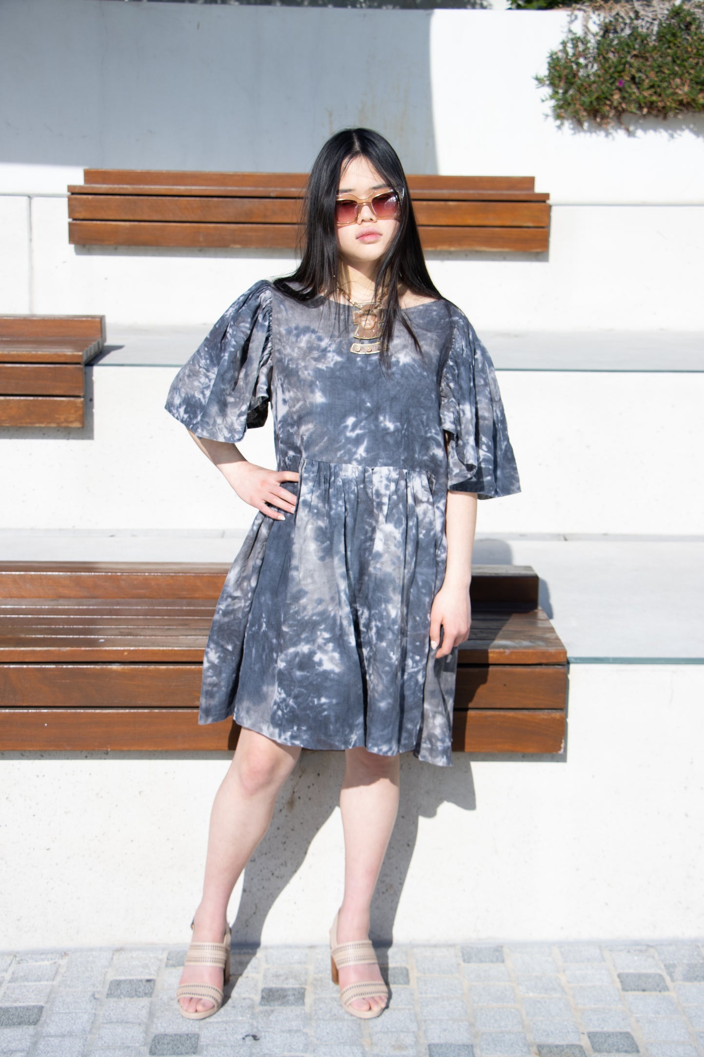 Puff Sleeve Dark Tie-Dye Linen Dress | Knee-Length with Half Sleeves