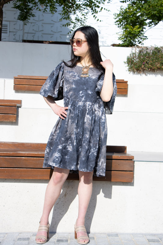 Puff Sleeve Dark Tie-Dye Linen Dress | Knee-Length with Half Sleeves